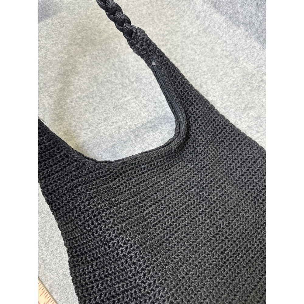 The Sak Hobo Crochet Shoulder Bag Black Woven Zip Solid Minimalist Capsule - Picture 11 of 14